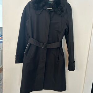 Ralph Lauren Black Trench Coat with Fur Collar